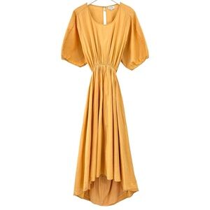 WRAY Dune Dress in Cantaloupe - Light Orange Cotton Linen Back Cutout Midi Dress